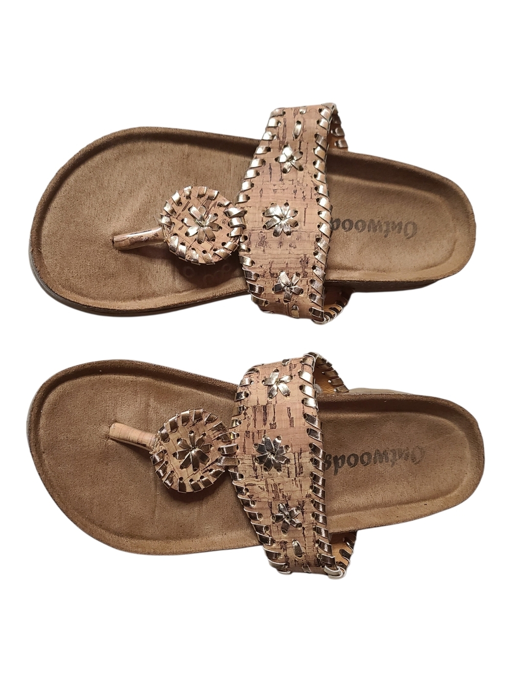 Outwoods Women’s Metallic Gold Flower Whipstitch Cork Thong Sandals Sz 6 Comfort